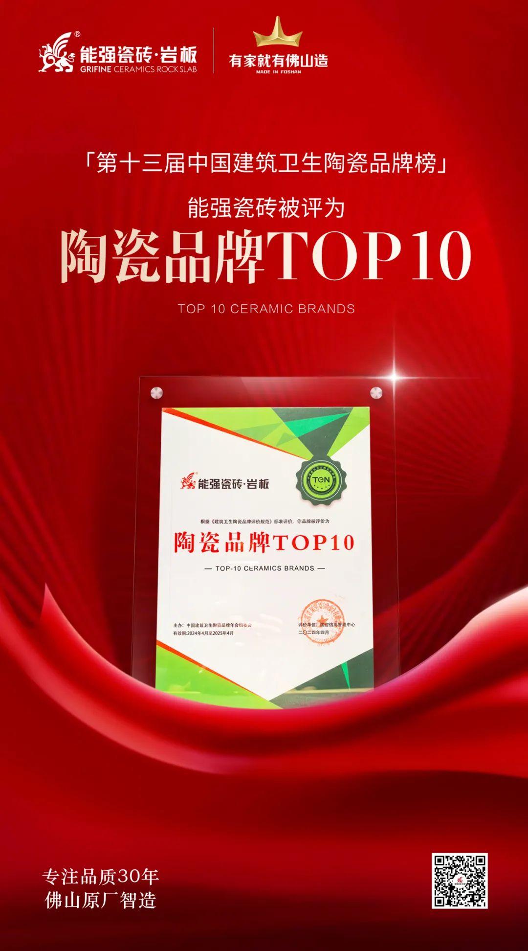 匠心榮耀丨能強(qiáng)瓷磚斬獲“陶瓷品牌TOP10”殊榮！